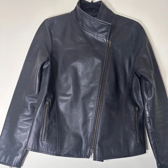 Eileen Fisher Leather black moto biker jacket Asymmetrical zip size small - Picture 5 of 16